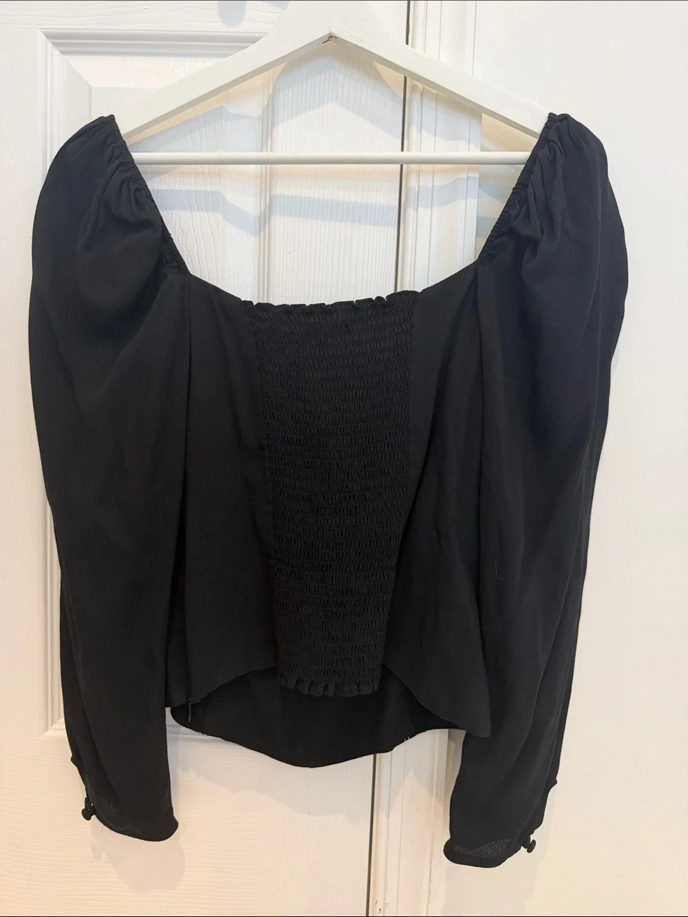 Reformation Black Puff-Sleeve Button-Up Blouse with Contrast Stitching
